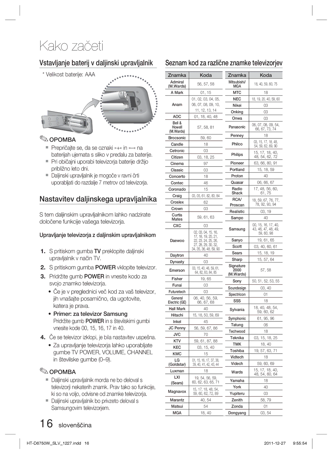 Samsung HT-D6750W/ZF manual Seznam kod za različne znamke televizorjev, Nastavitev daljinskega upravljalnika, Znamka Koda 