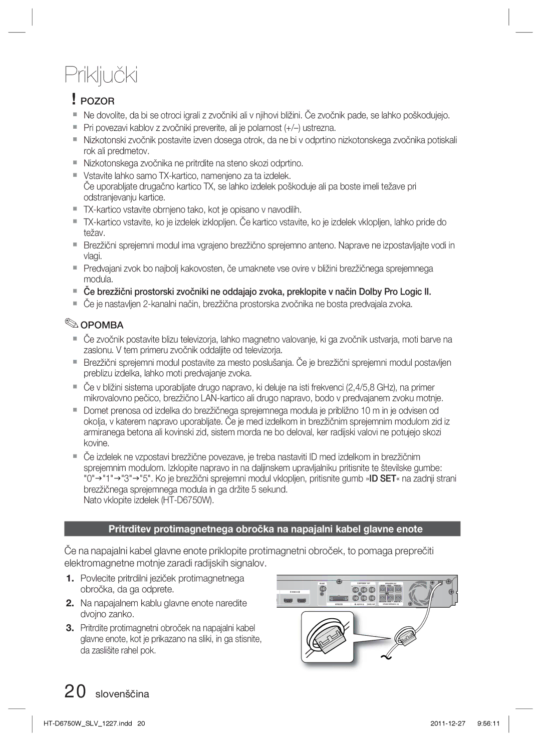 Samsung HT-D6750W/ZF, HT-D6750W/EN manual Opomba 