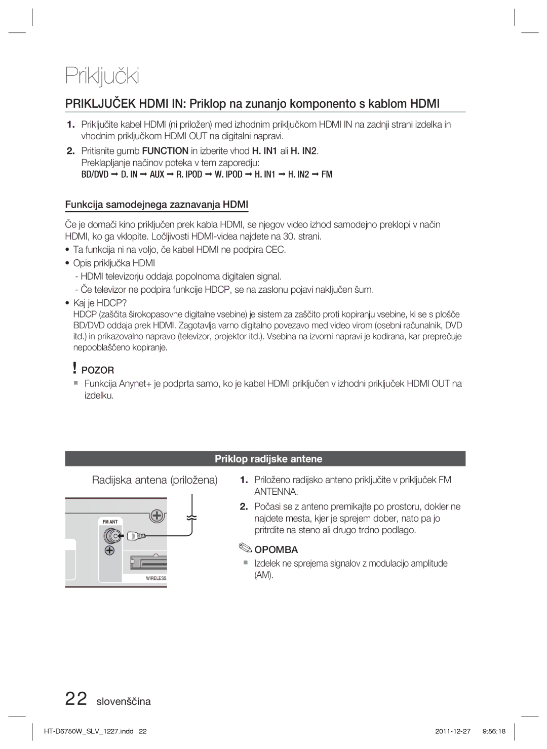 Samsung HT-D6750W/ZF manual Radijska antena priložena, Funkcija samodejnega zaznavanja Hdmi, Priklop radijske antene 