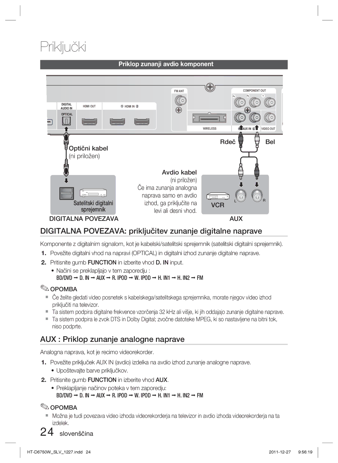 Samsung HT-D6750W/ZF manual Digitalna Povezava priključitev zunanje digitalne naprave, AUX Priklop zunanje analogne naprave 