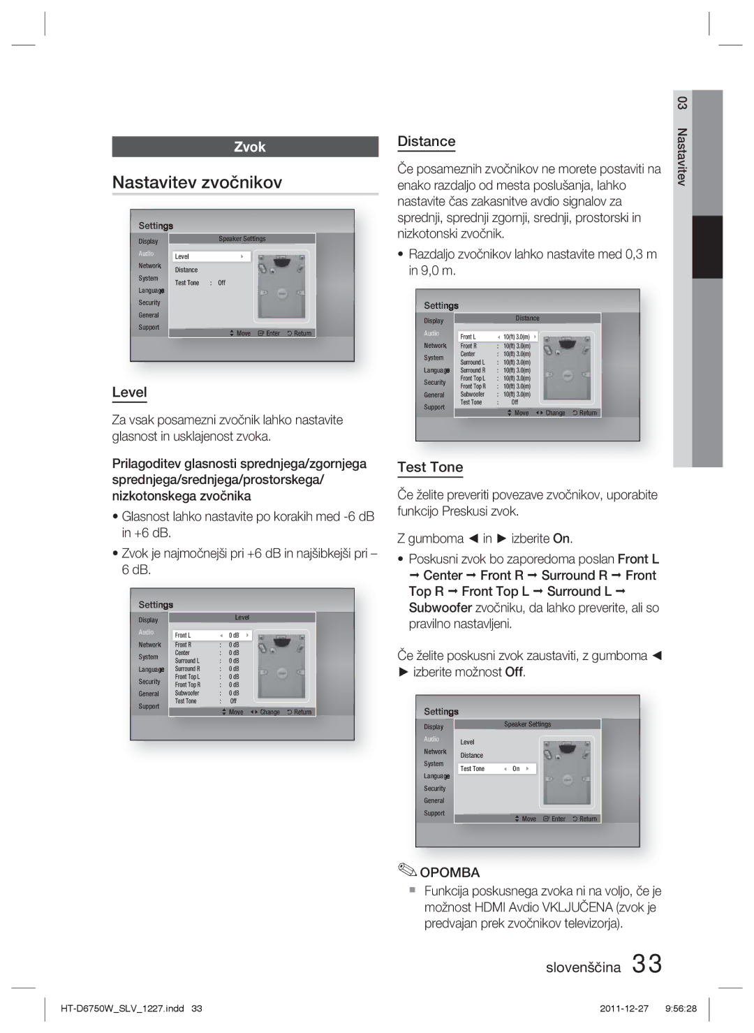 Samsung HT-D6750W/EN, HT-D6750W/ZF manual Nastavitev zvočnikov, Zvok, Level, Test Tone, Distance 