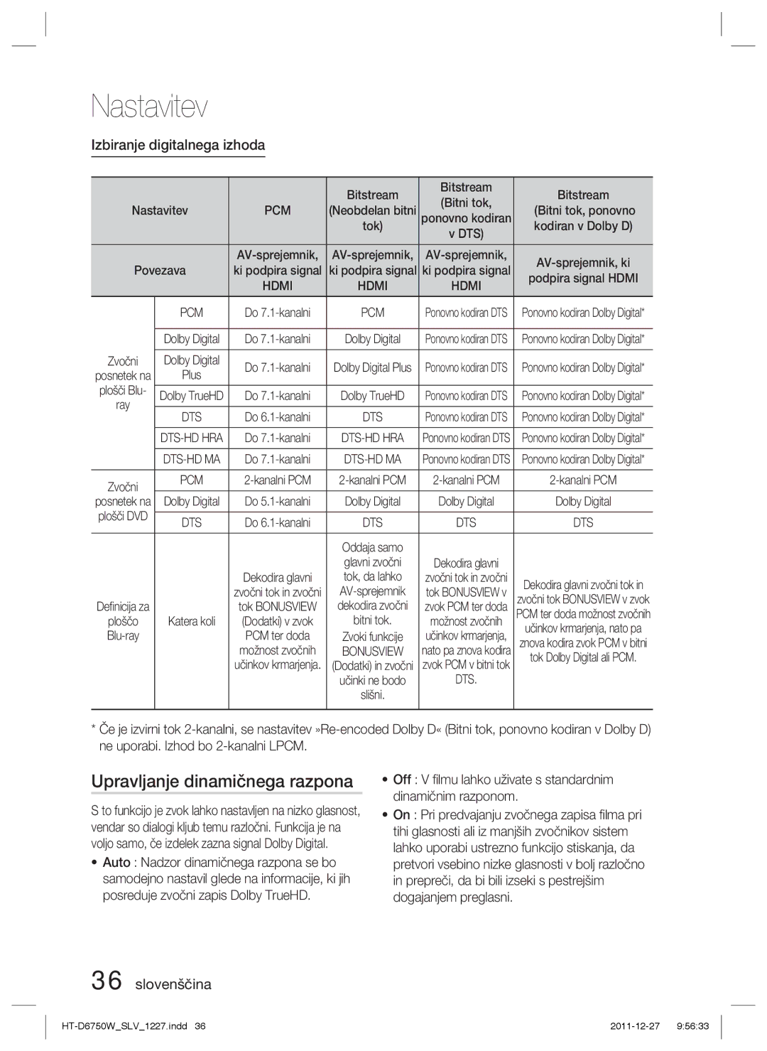 Samsung HT-D6750W/ZF, HT-D6750W/EN manual Upravljanje dinamičnega razpona, Izbiranje digitalnega izhoda, Tok 