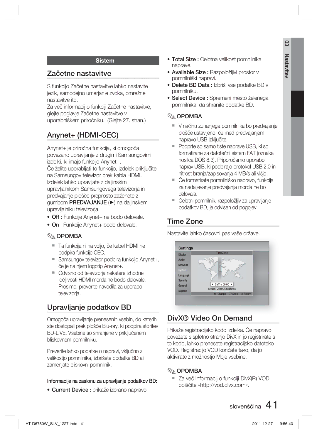 Samsung HT-D6750W/EN, HT-D6750W/ZF manual Začetne nastavitve, Upravljanje podatkov BD, Time Zone, Sistem 