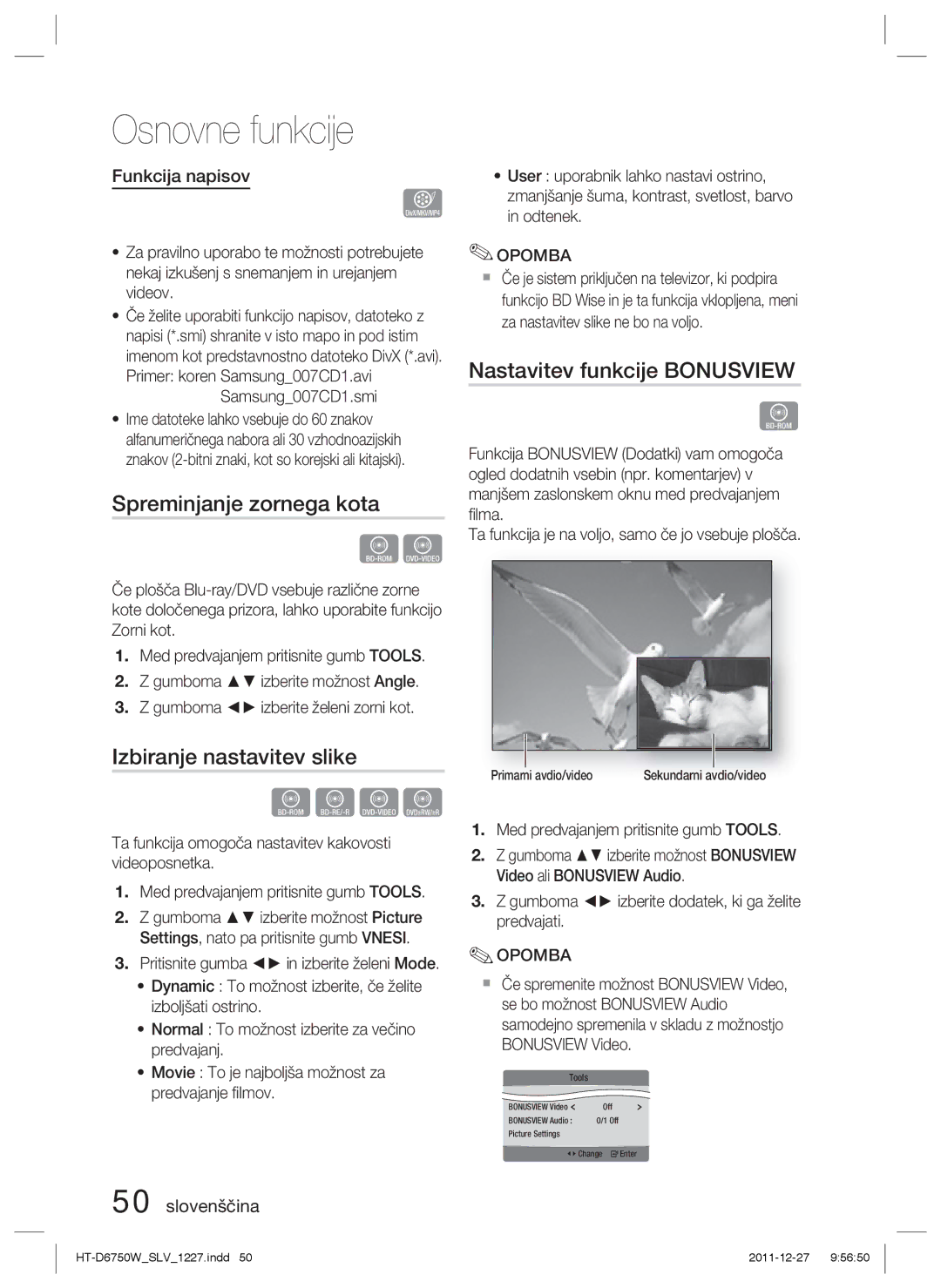 Samsung HT-D6750W/ZF, HT-D6750W/EN Spreminjanje zornega kota, Izbiranje nastavitev slike, Nastavitev funkcije Bonusview 