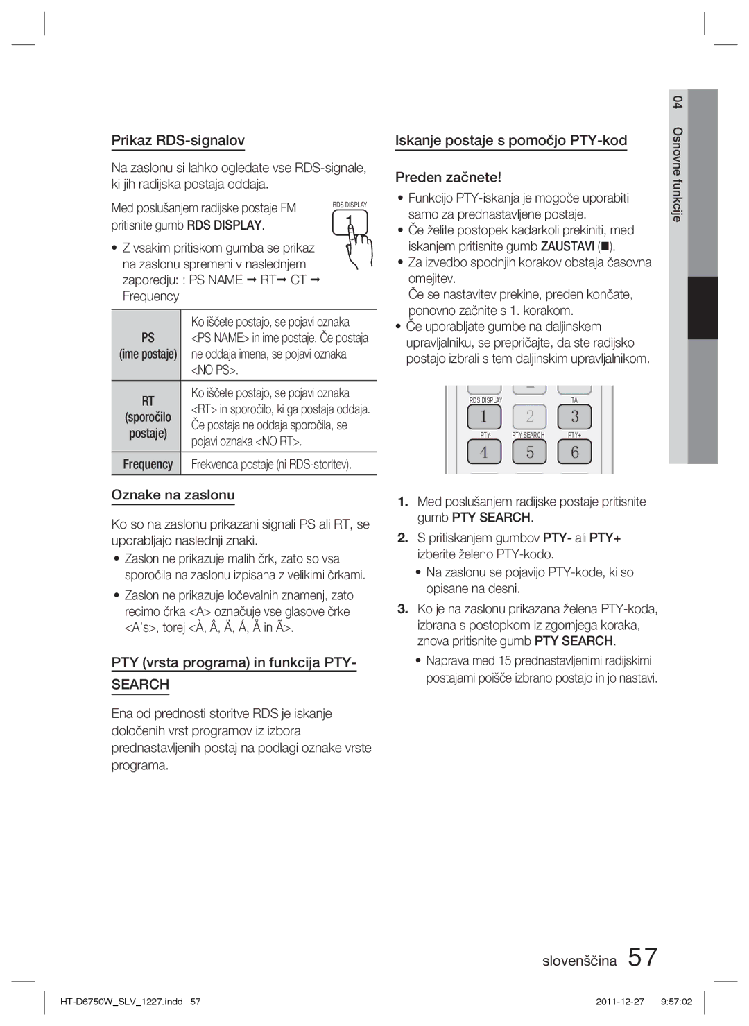 Samsung HT-D6750W/EN manual Prikaz RDS-signalov, Oznake na zaslonu, PTY vrsta programa in funkcija PTY, Preden začnete 