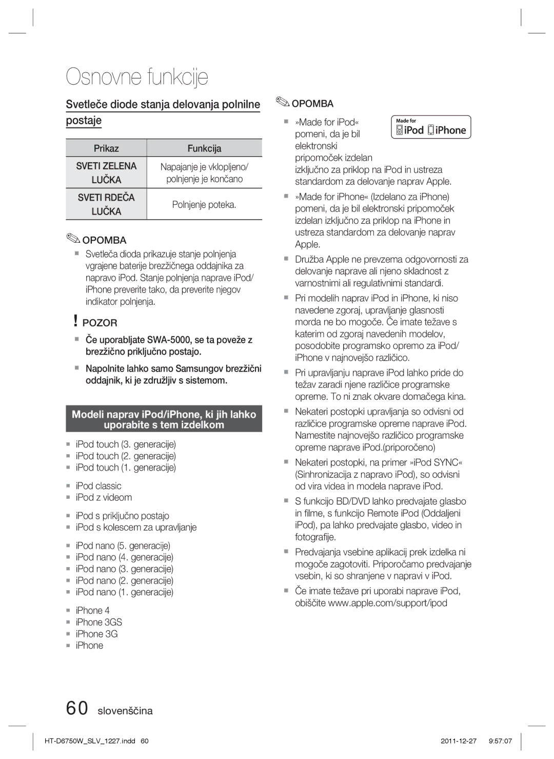 Samsung HT-D6750W/ZF manual Svetleče diode stanja delovanja polnilne postaje, Prikaz Funkcija, Napajanje je vklopljeno 