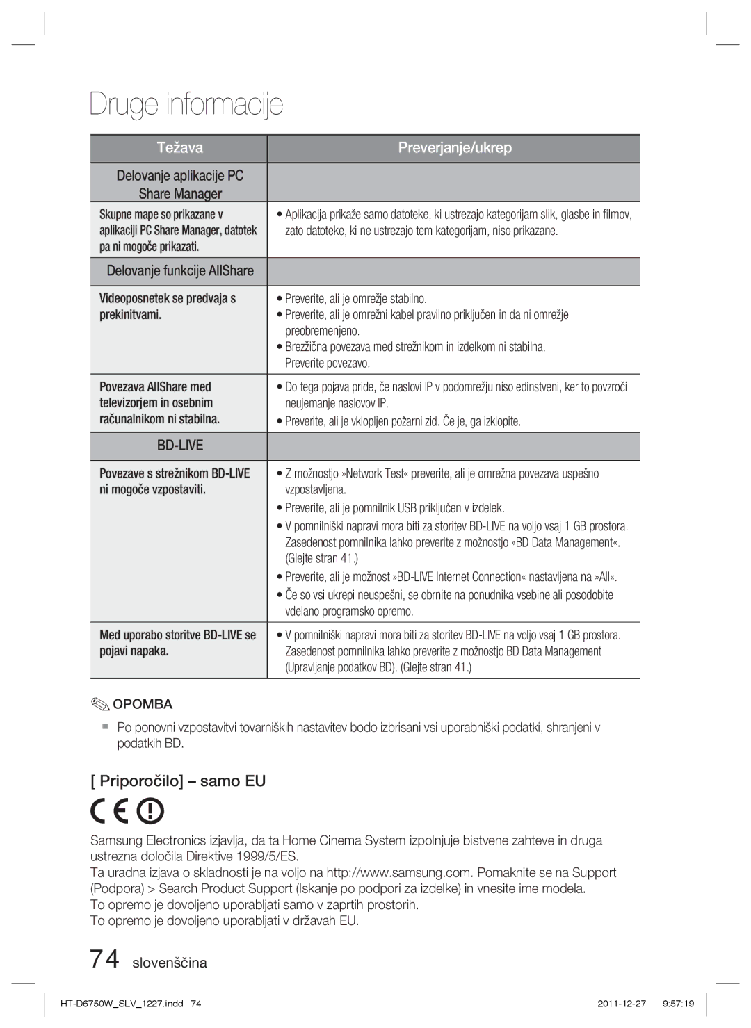 Samsung HT-D6750W/ZF, HT-D6750W/EN manual Priporočilo samo EU 