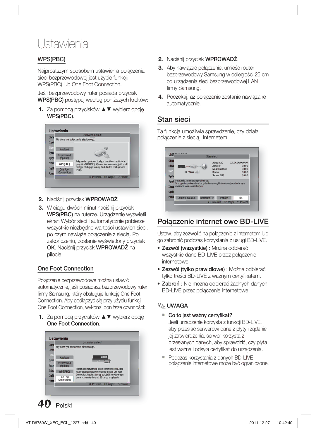 Samsung HT-D6750W/ZF, HT-D6750W/EN manual Stan sieci, Połączenie internet owe BD-LIVE, One Foot Connection 