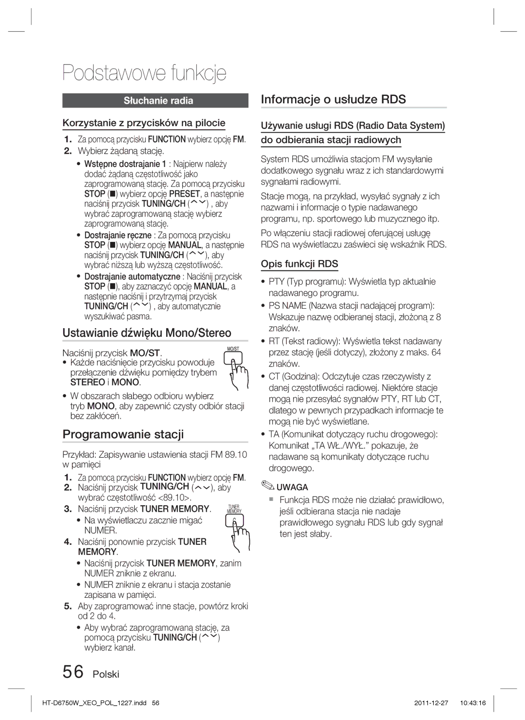 Samsung HT-D6750W/ZF manual Ustawianie dźwięku Mono/Stereo, Programowanie stacji, Informacje o usłudze RDS, Słuchanie radia 
