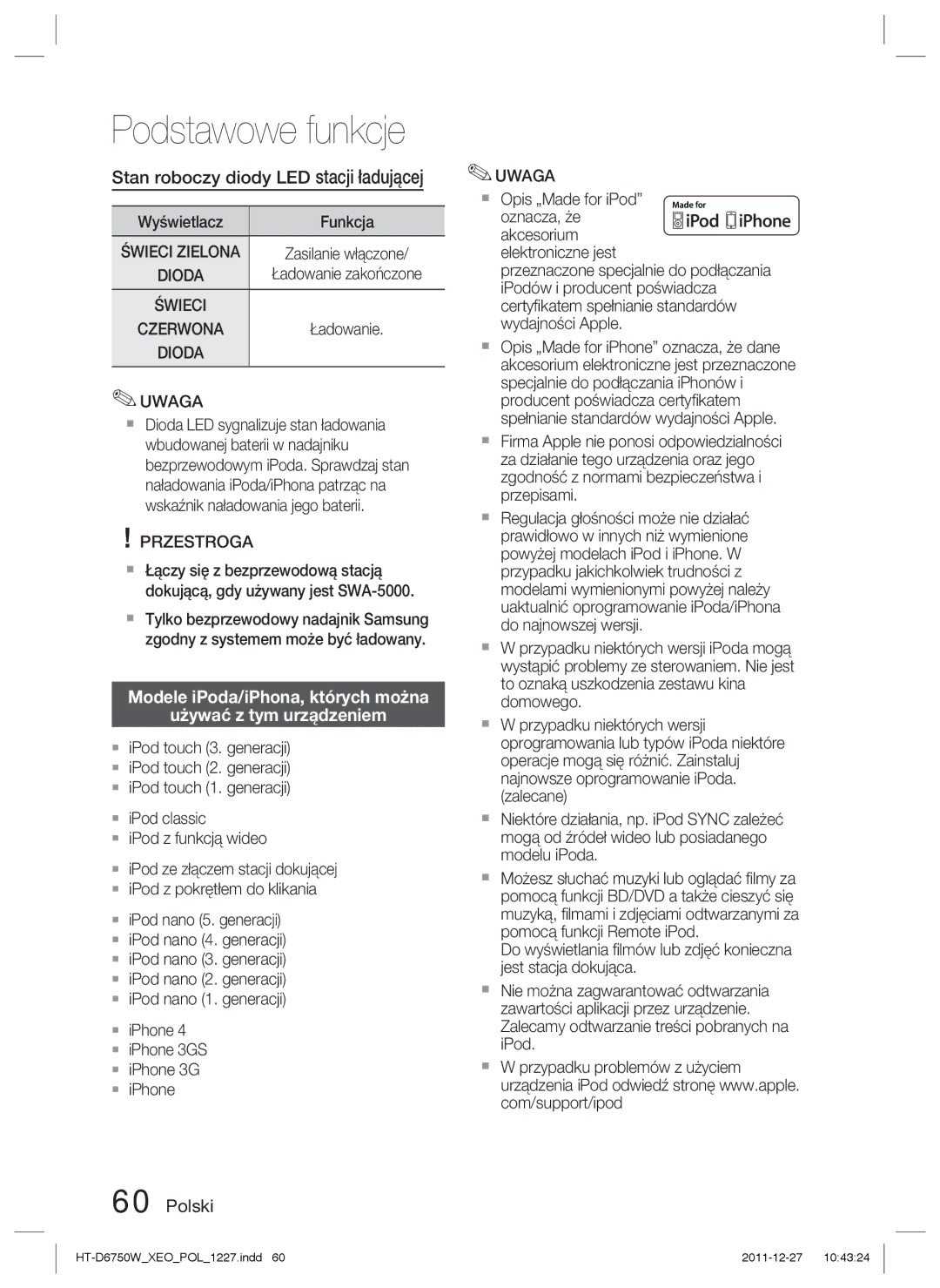 Samsung HT-D6750W/ZF Stan roboczy diody LED stacji ładującej, Modele iPoda/iPhona, których można Używać z tym urządzeniem 