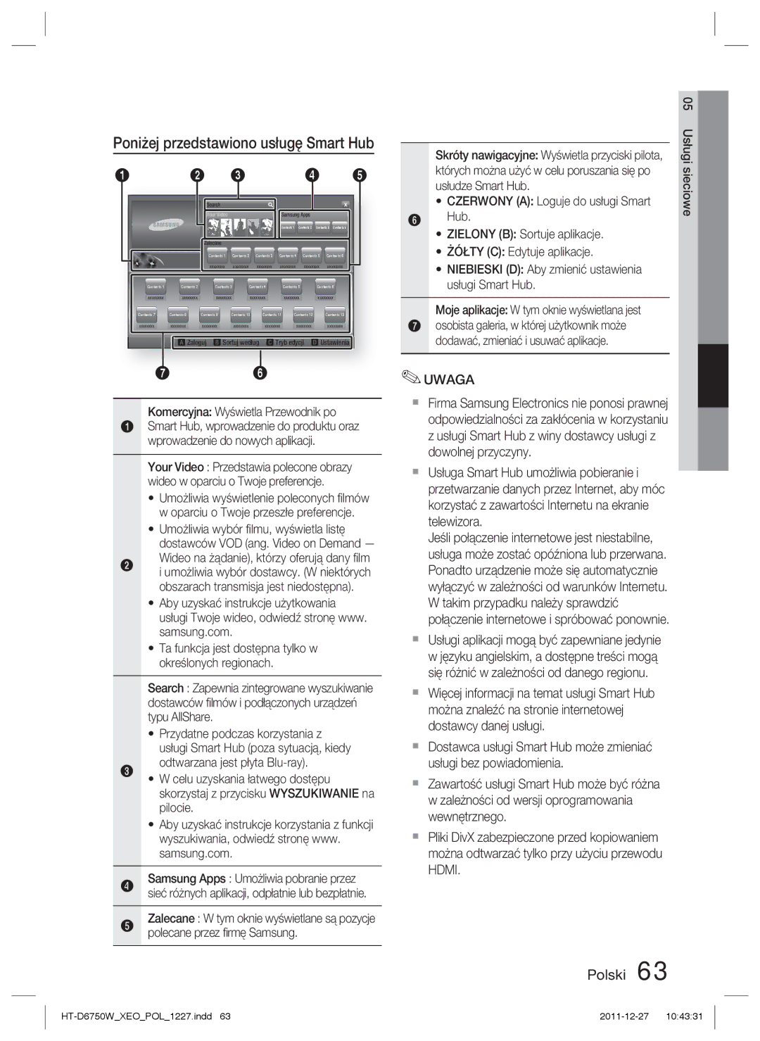 Samsung HT-D6750W/EN manual Poniżej przedstawiono usługę Smart Hub, Komercyjna Wyświetla Przewodnik po, Usłudze Smart Hub 