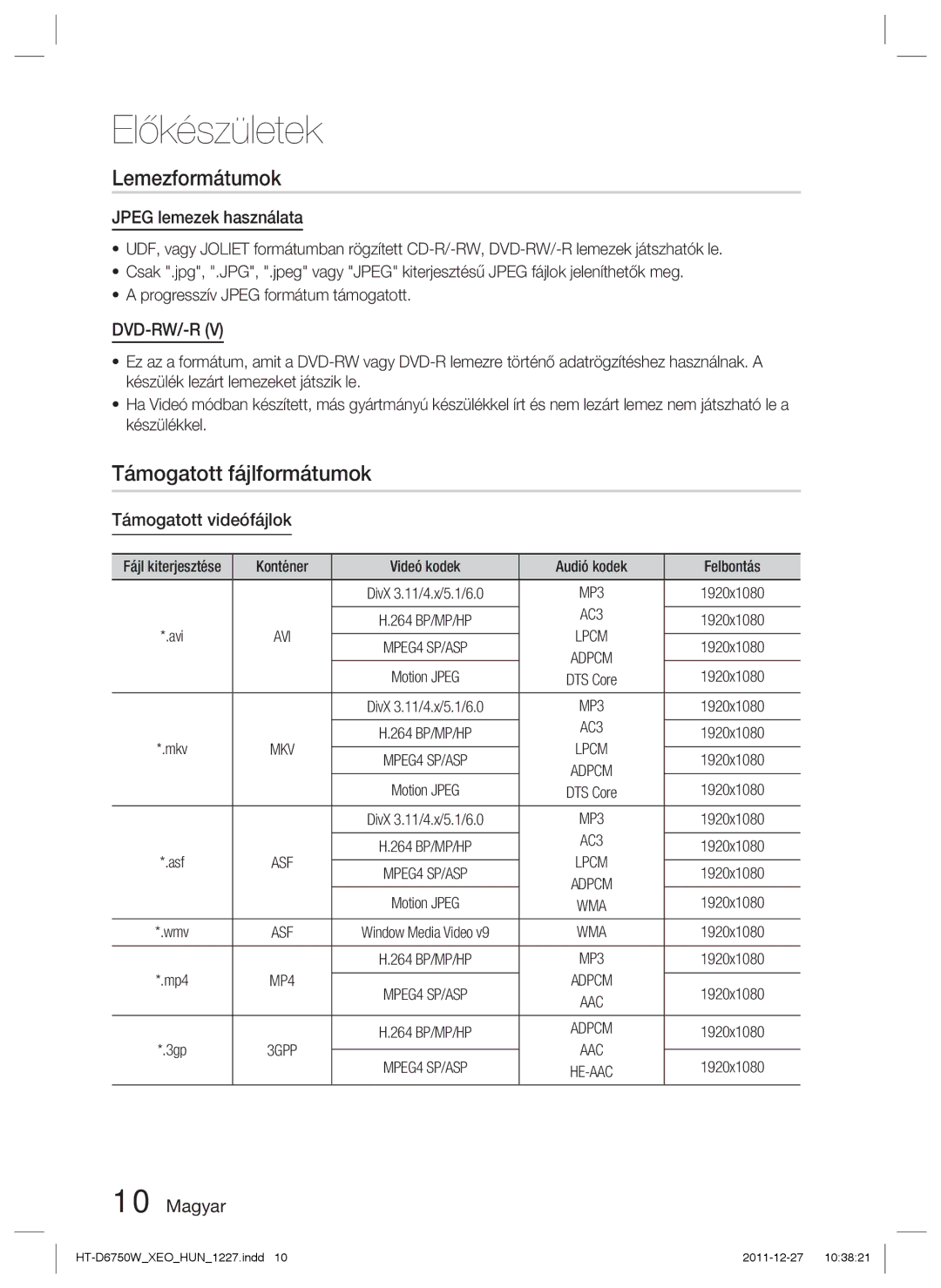 Samsung HT-D6750W/ZF manual Lemezformátumok, Támogatott fájlformátumok, Jpeg lemezek használata, Támogatott videófájlok 