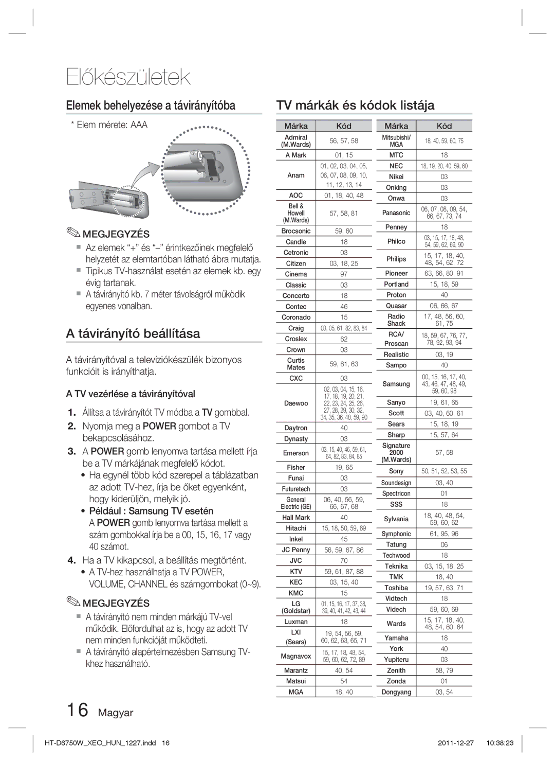 Samsung HT-D6750W/ZF, HT-D6750W/EN manual Távirányító beállítása, Elem mérete AAA, Márka Kód 