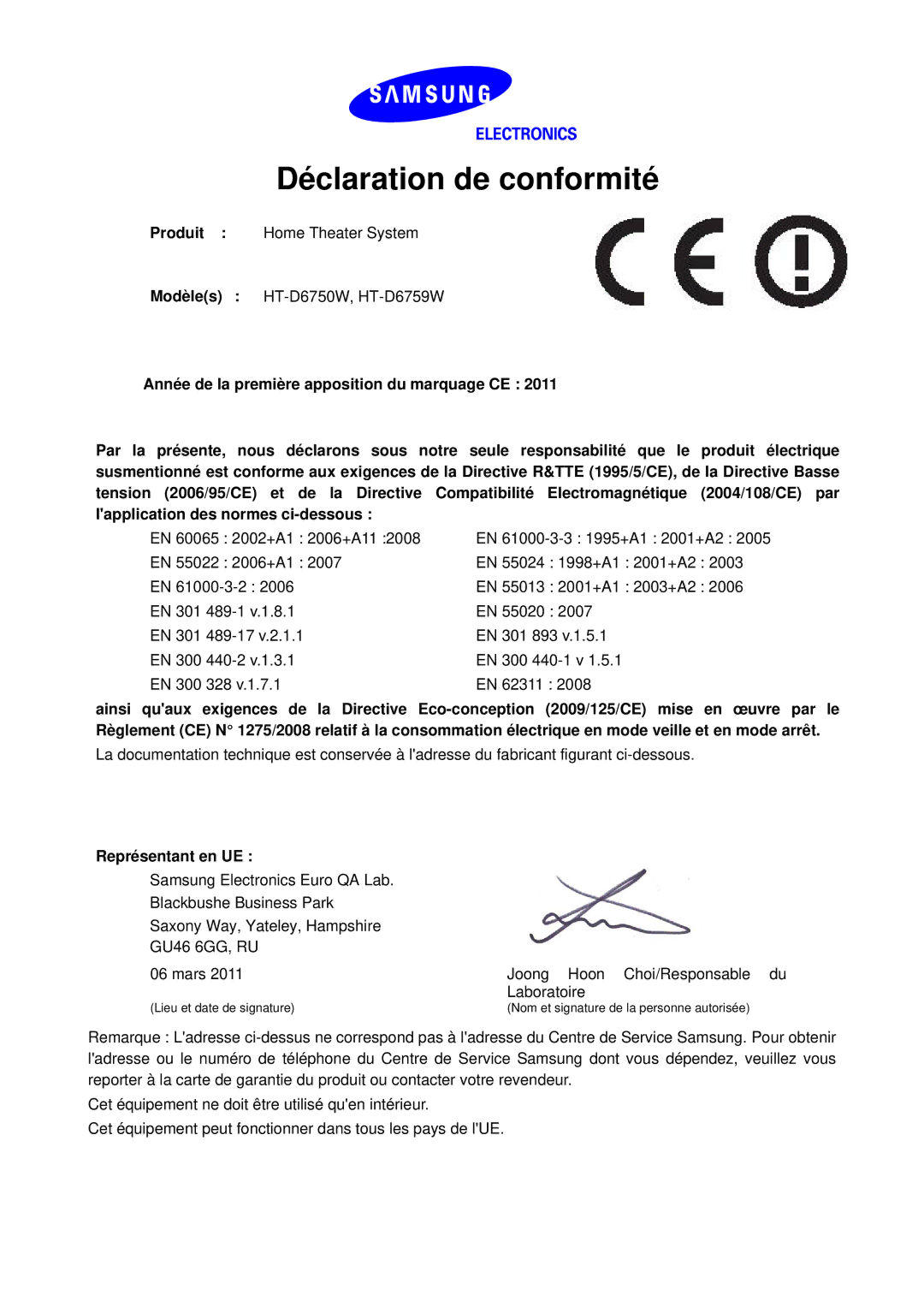 Samsung HT-D6750W/ZF manual Déclaration de conformité, Produit Home Theater System, Représentant en UE 