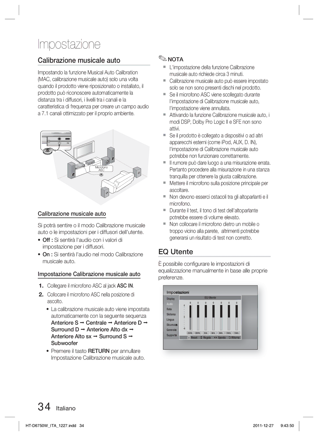 Samsung HT-D6750W/ZF manual EQ Utente, Impostazione Calibrazione musicale auto 