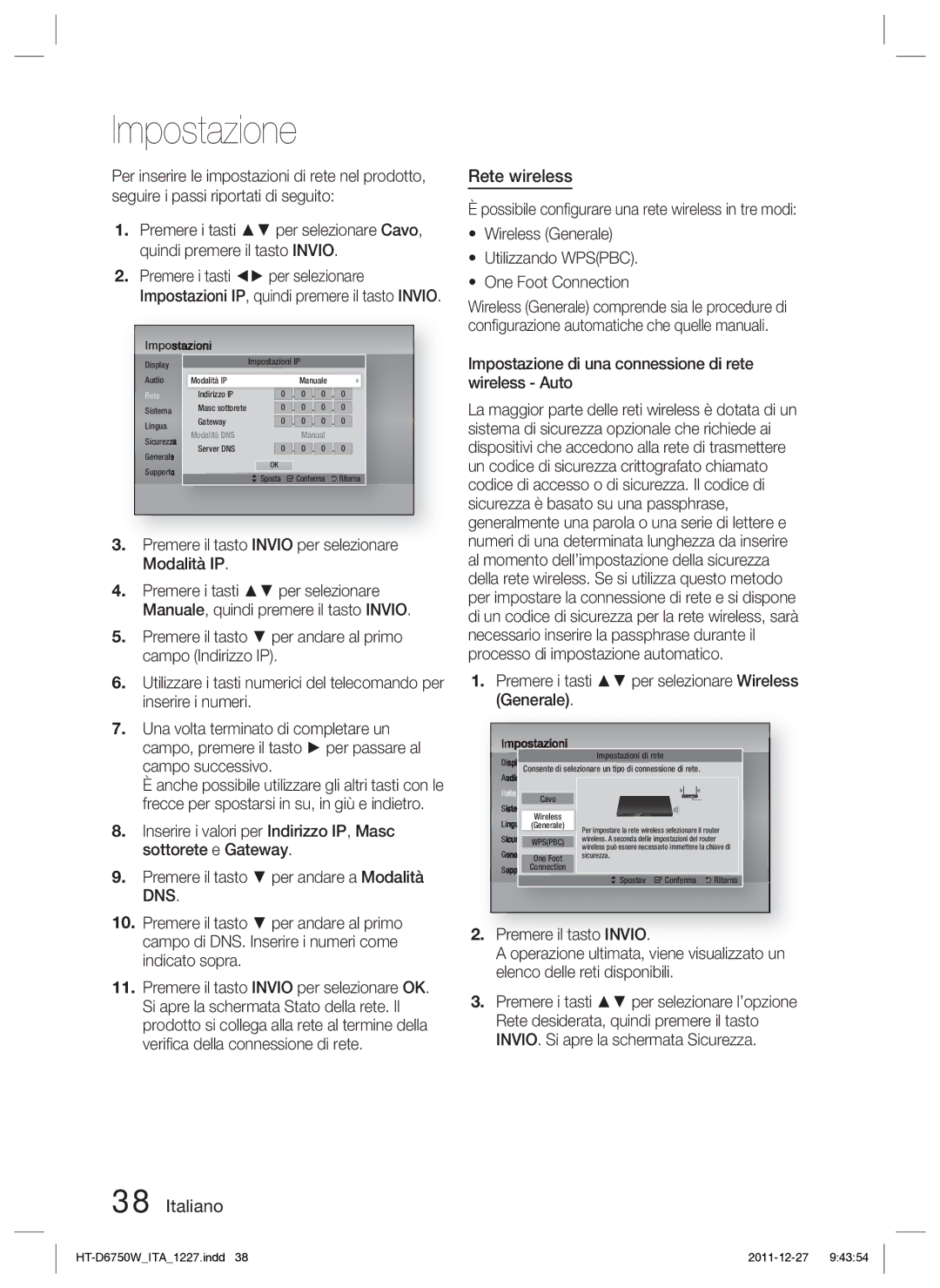 Samsung HT-D6750W/ZF manual Rete wireless, Impostazione di una connessione di rete wireless Auto 