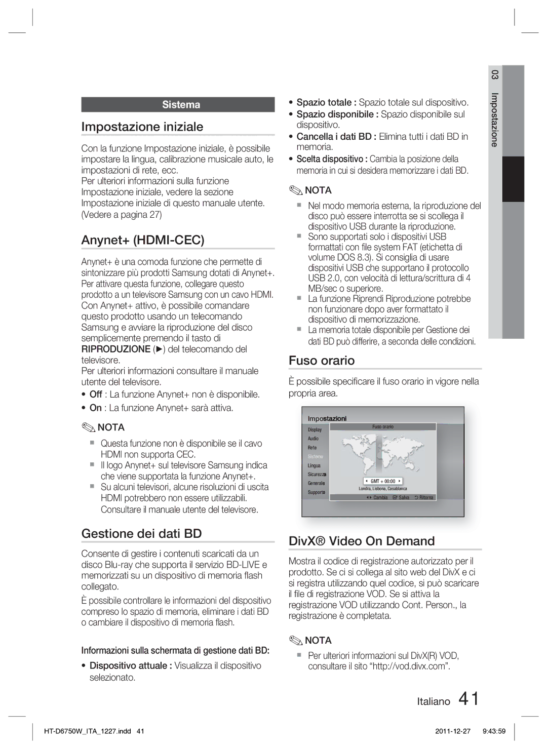 Samsung HT-D6750W/ZF manual Impostazione iniziale, Gestione dei dati BD, Fuso orario, DivX Video On Demand, Sistema 