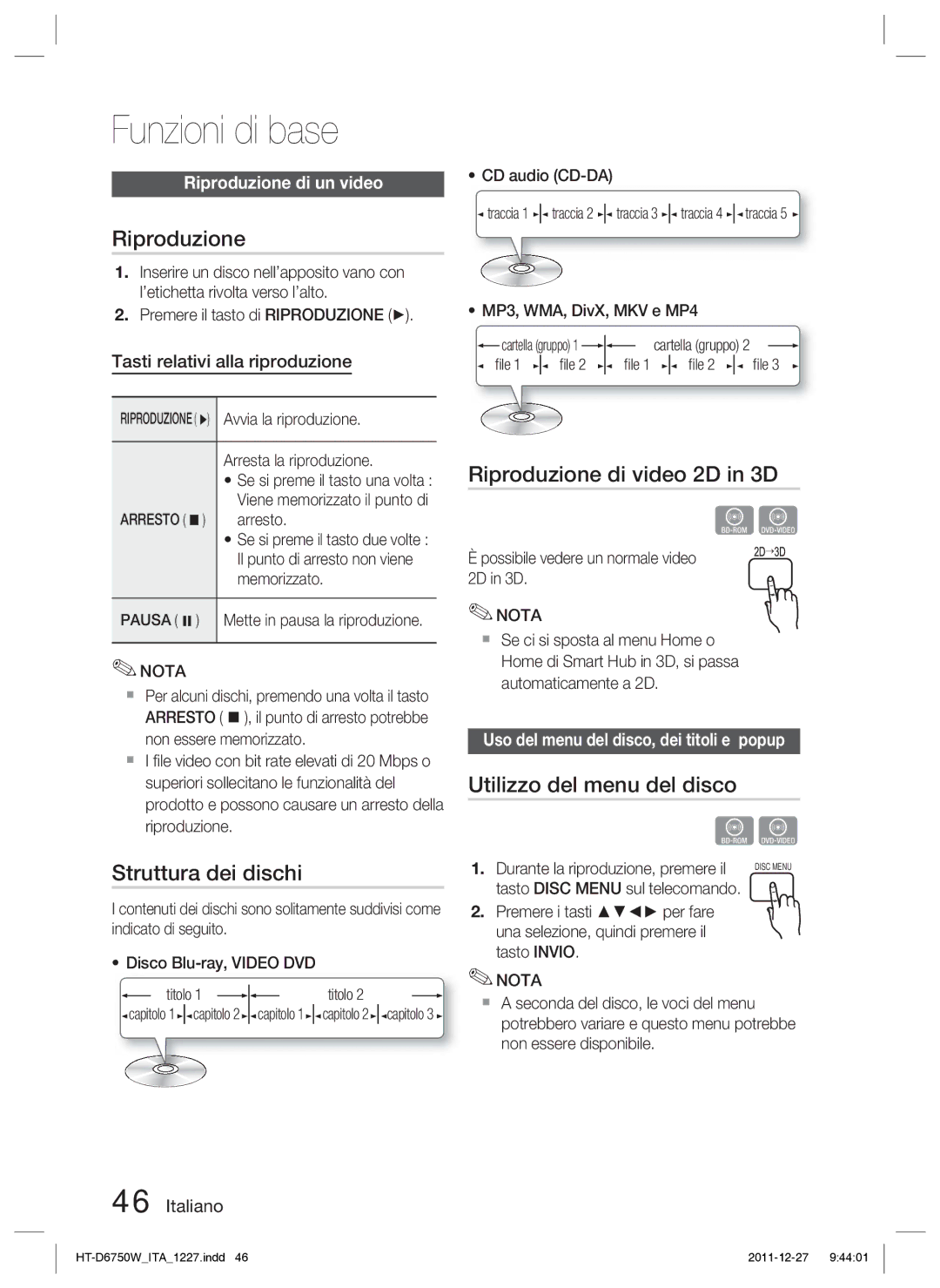 Samsung HT-D6750W/ZF manual Funzioni di base, Struttura dei dischi, Riproduzione di video 2D in 3D 