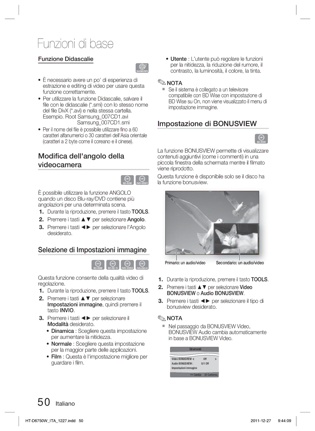 Samsung HT-D6750W/ZF Modiﬁca dellangolo della videocamera, Impostazione di Bonusview, Selezione di Impostazioni immagine 