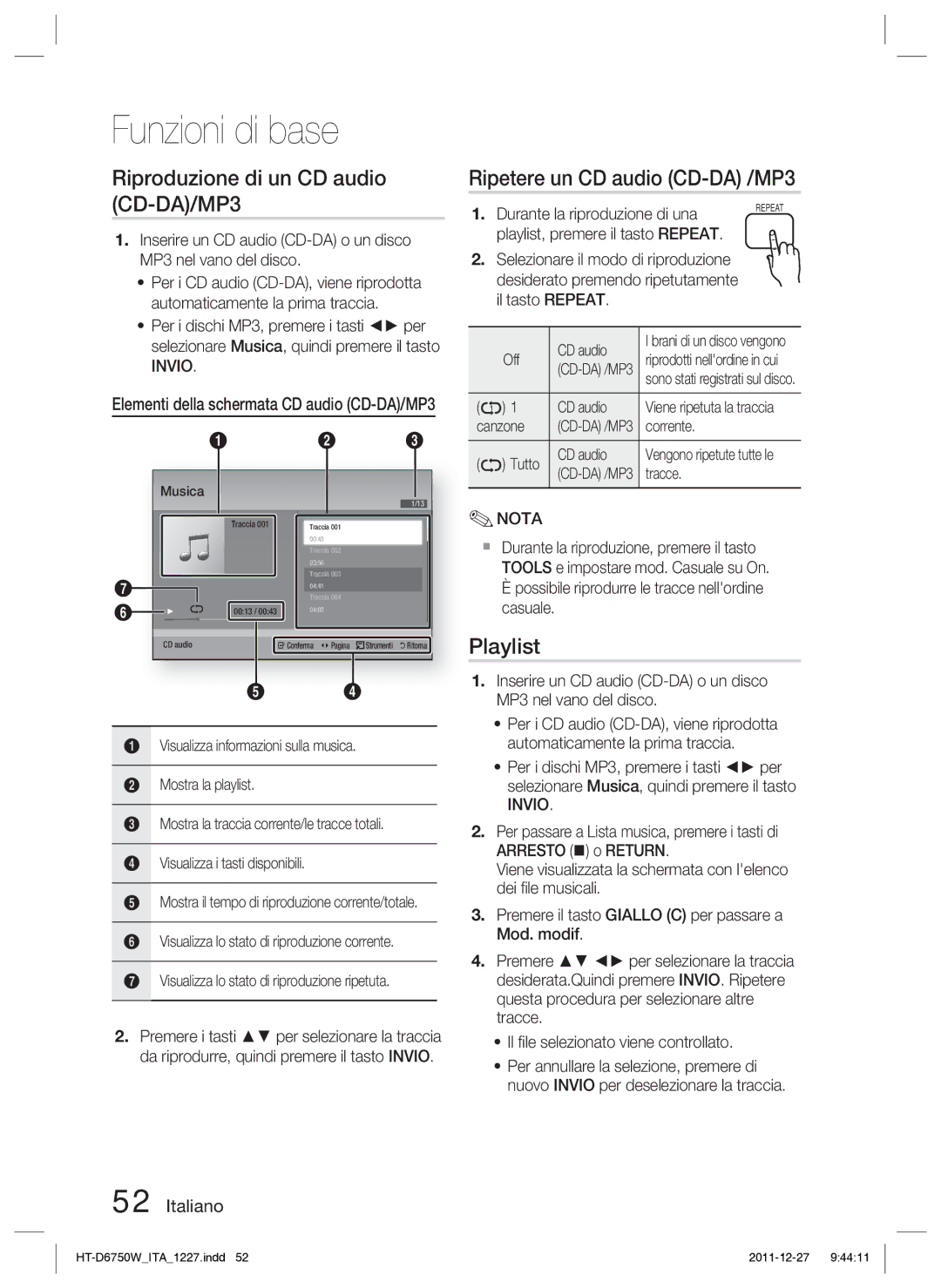 Samsung HT-D6750W/ZF manual Riproduzione di un CD audio CD-DA/MP3, Ripetere un CD audio CD-DA /MP3, Playlist 