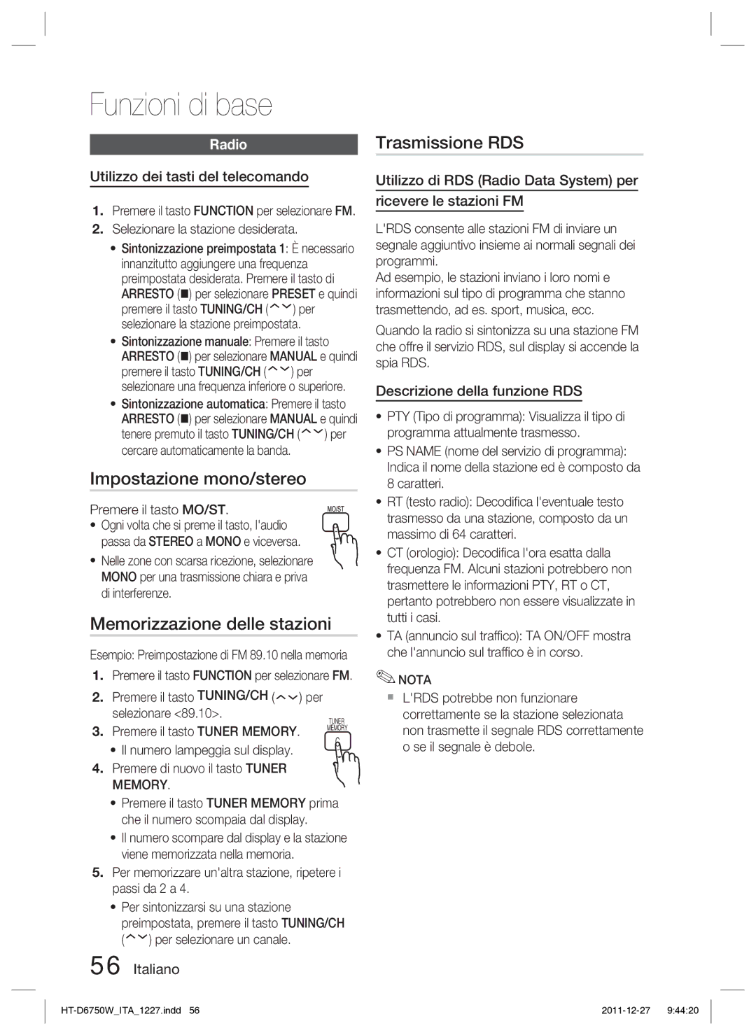 Samsung HT-D6750W/ZF manual Impostazione mono/stereo, Memorizzazione delle stazioni, Trasmissione RDS, Radio 