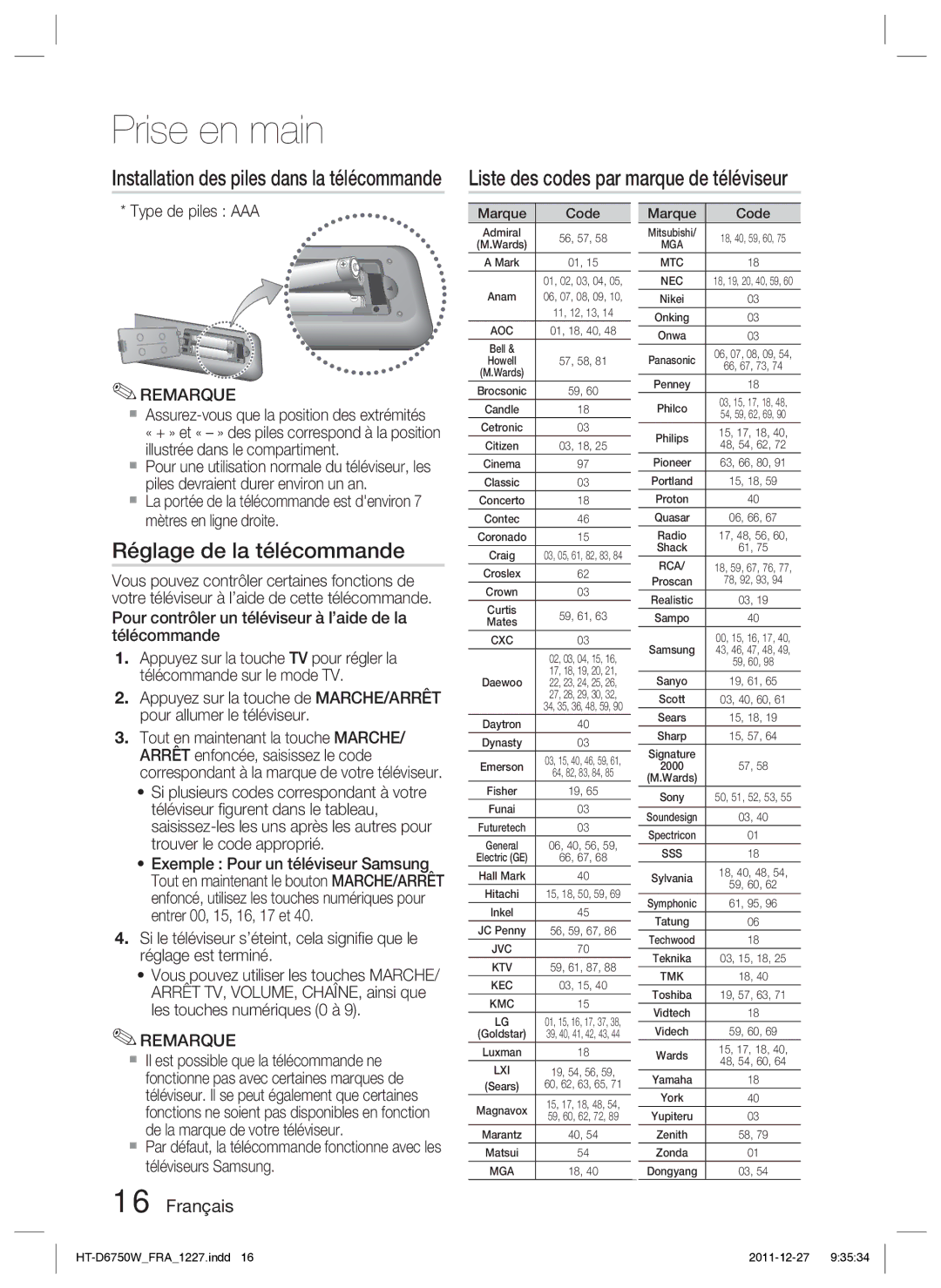 Samsung HT-D6750W/ZF manual Liste des codes par marque de téléviseur, Réglage de la télécommande, Type de piles AAA 