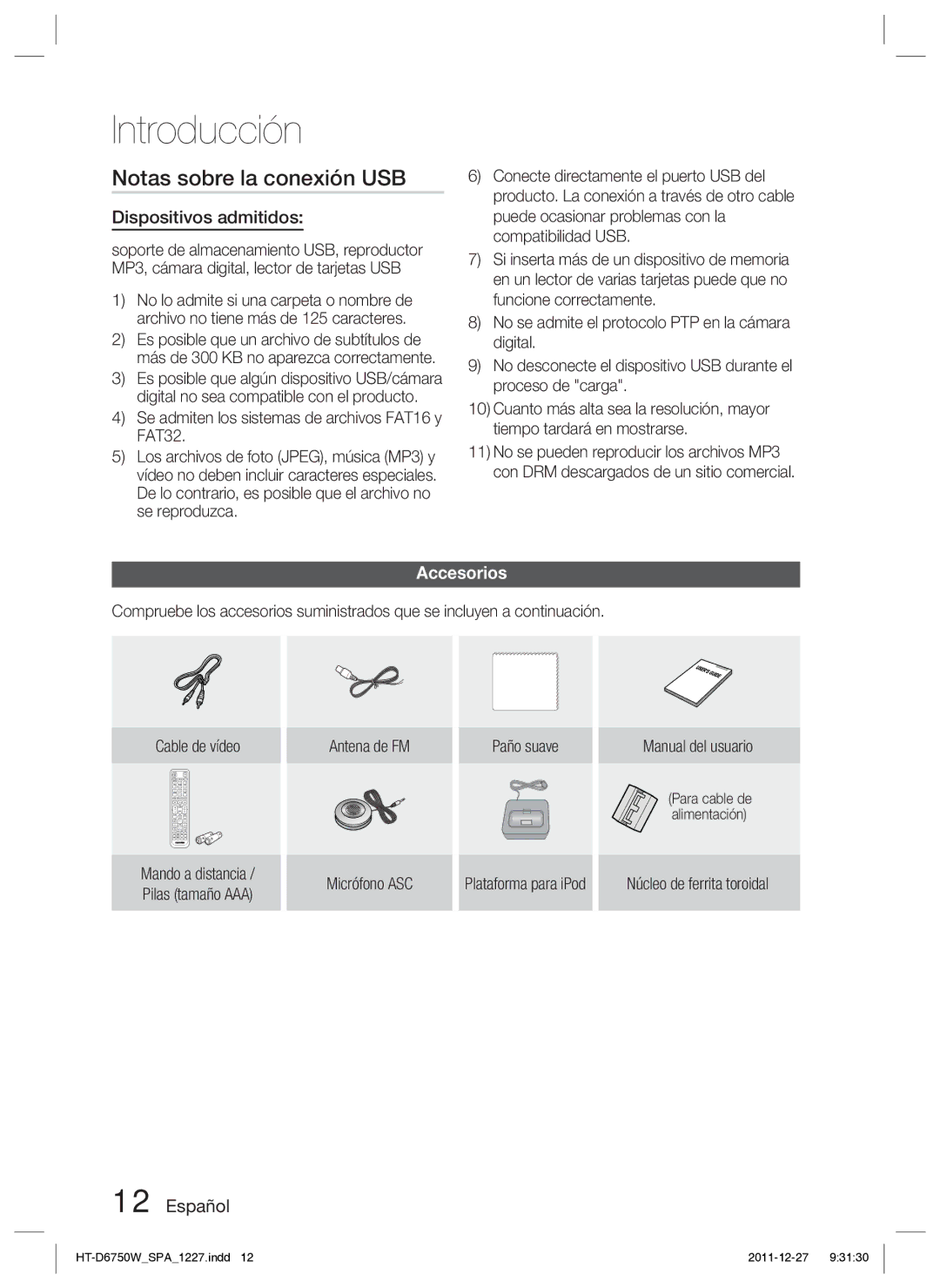 Samsung HT-D6750W/ZF manual Notas sobre la conexión USB, Dispositivos admitidos, Accesorios, Núcleo de ferrita toroidal 