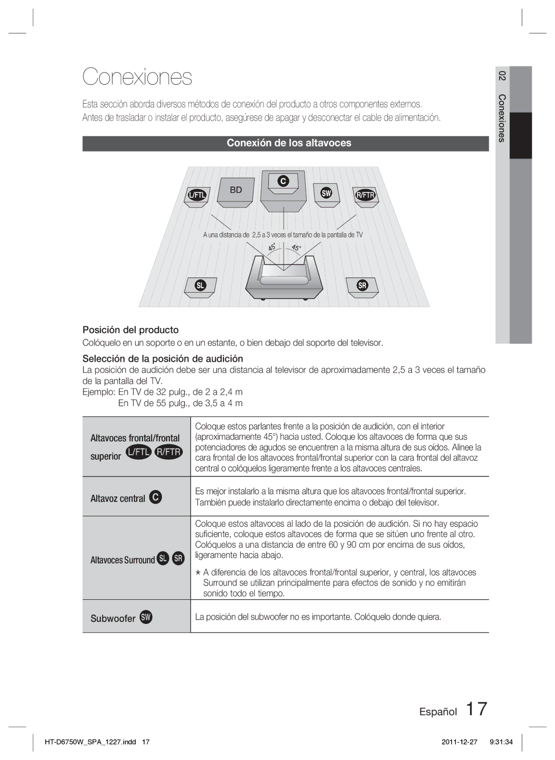 Samsung HT-D6750W/ZF manual Conexiones, Conexión de los altavoces 