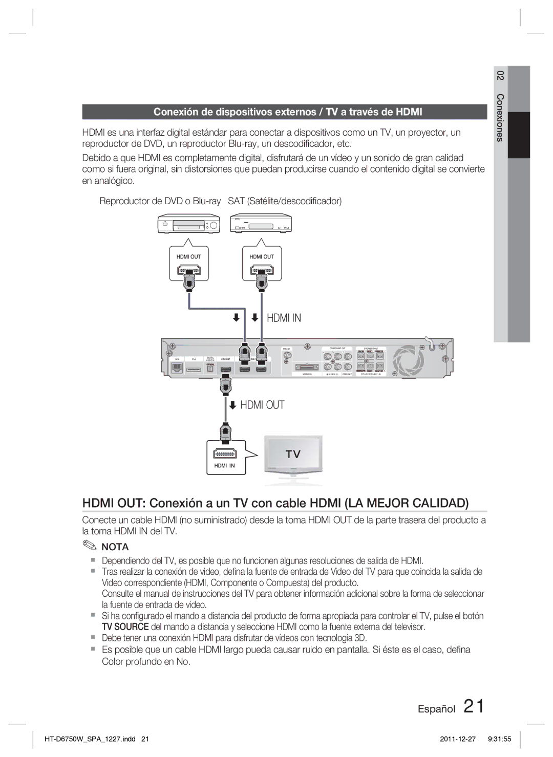 Samsung HT-D6750W/ZF manual Hdmi OUT Conexión a un TV con cable Hdmi LA Mejor Calidad 