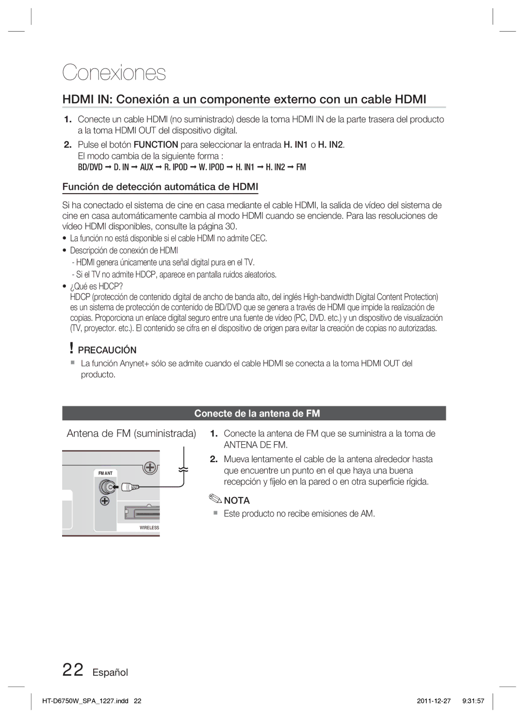 Samsung HT-D6750W/ZF manual Hdmi in Conexión a un componente externo con un cable Hdmi, Antena de FM suministrada 