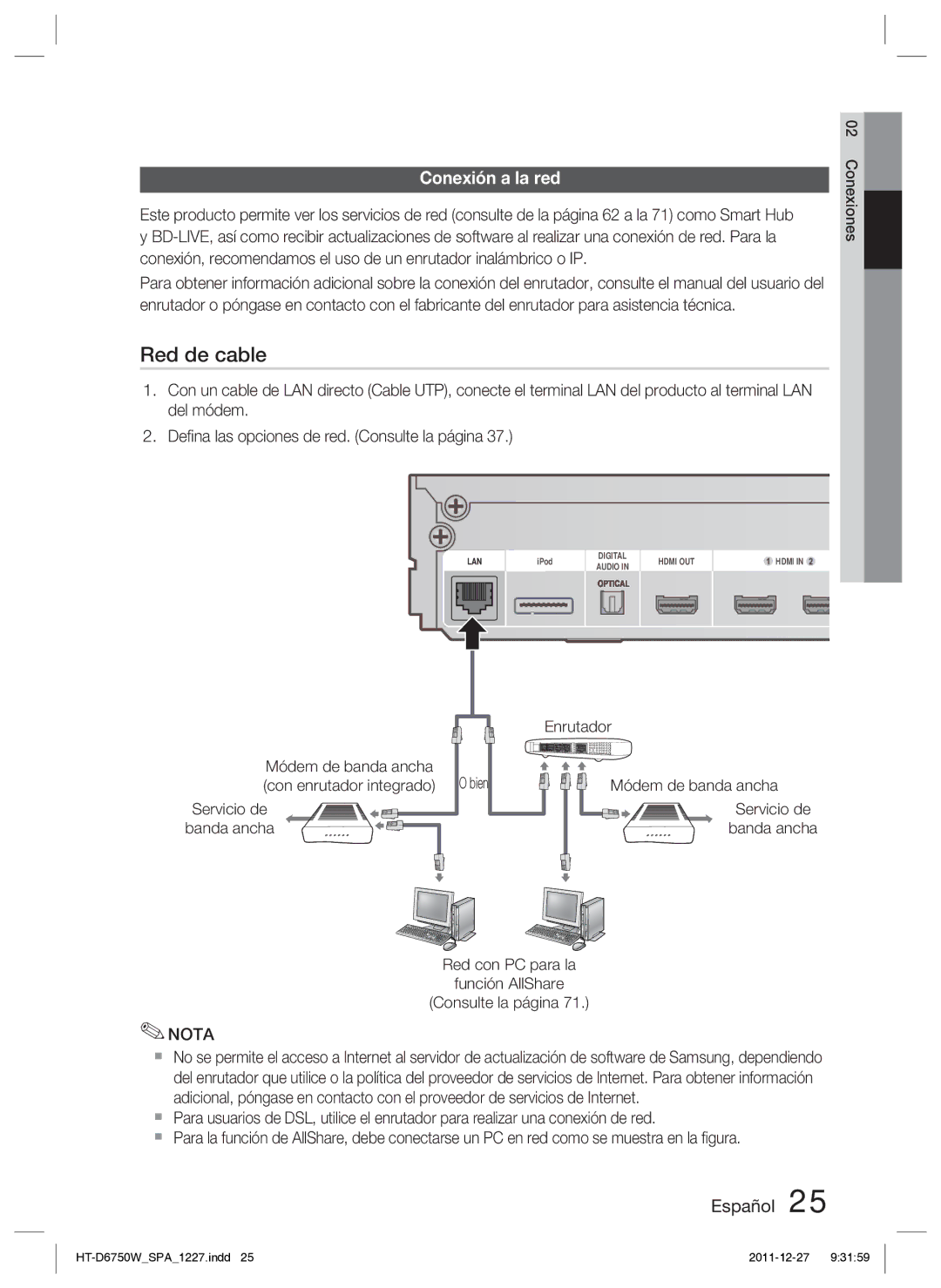 Samsung HT-D6750W/ZF manual Conexión a la red, Módem de banda ancha con enrutador integrado 