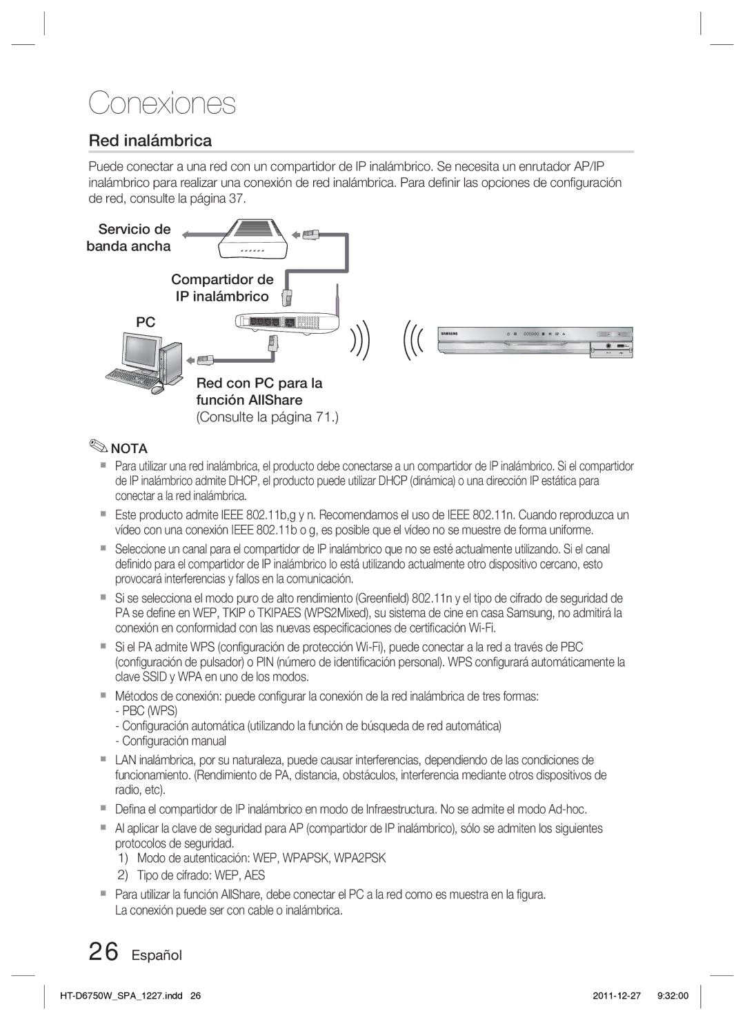 Samsung HT-D6750W/ZF manual Servicio de banda ancha Compartidor de IP inalámbrico 