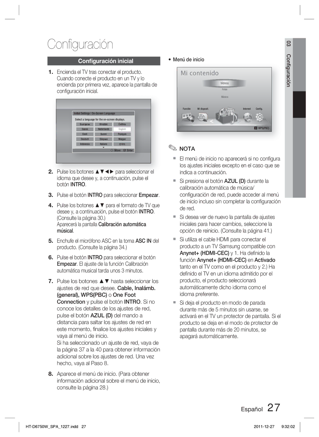 Samsung HT-D6750W/ZF manual Conﬁguración inicial, Pulse el botón Intro para seleccionar Empezar 