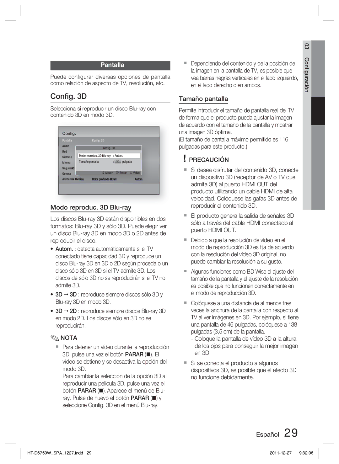 Samsung HT-D6750W/ZF manual Conﬁg D, Pantalla, Modo reproduc D Blu-ray, Tamaño pantalla, 03 Conﬁguración 