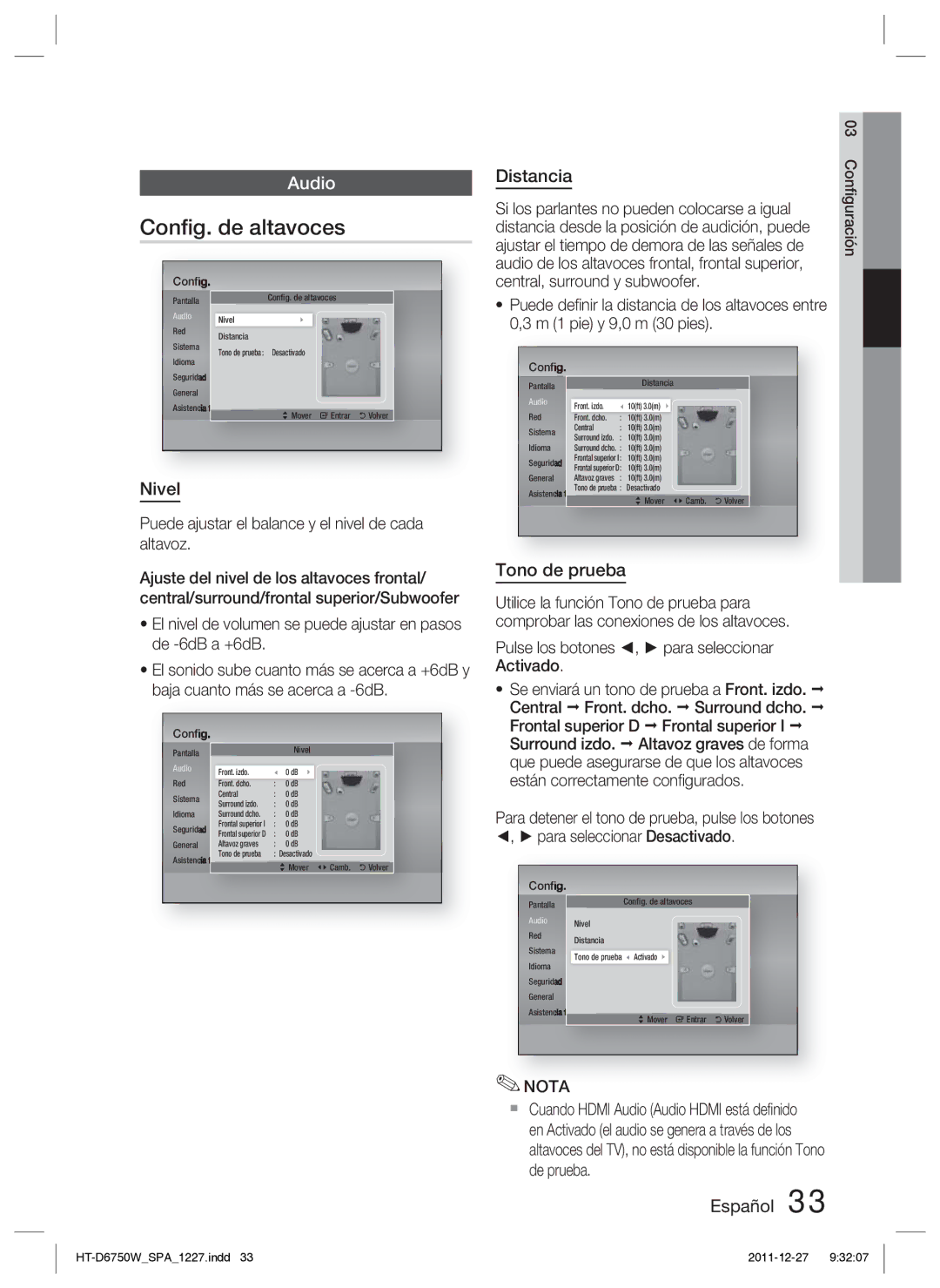 Samsung HT-D6750W/ZF Conﬁg. de altavoces, Nivel, Distancia, Tono de prueba, Ajustar el tiempo de demora de las señales de 