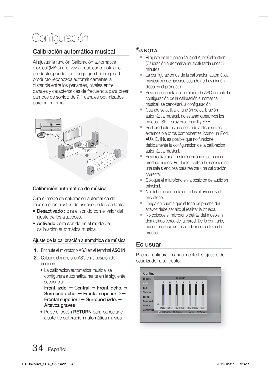 Samsung HT-D6750W/ZF manual Calibración automática musical, Ec usuar, Calibración automática de música 