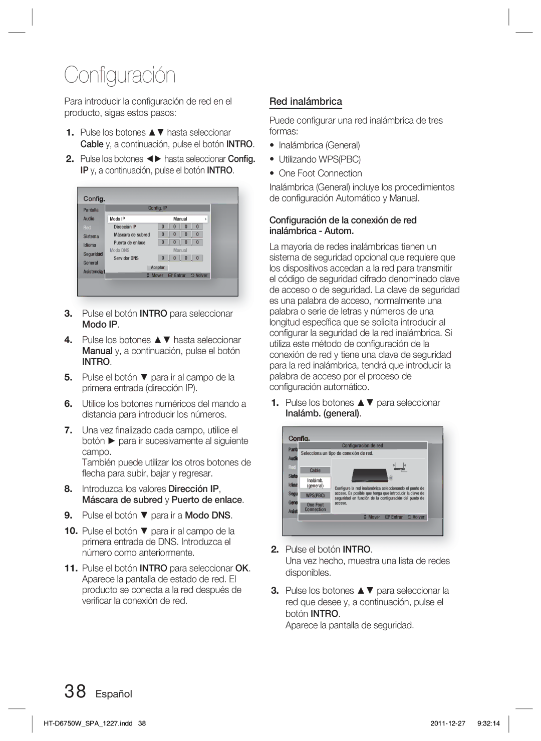 Samsung HT-D6750W/ZF manual Red inalámbrica, Pulse el botón Intro para seleccionar Modo IP 