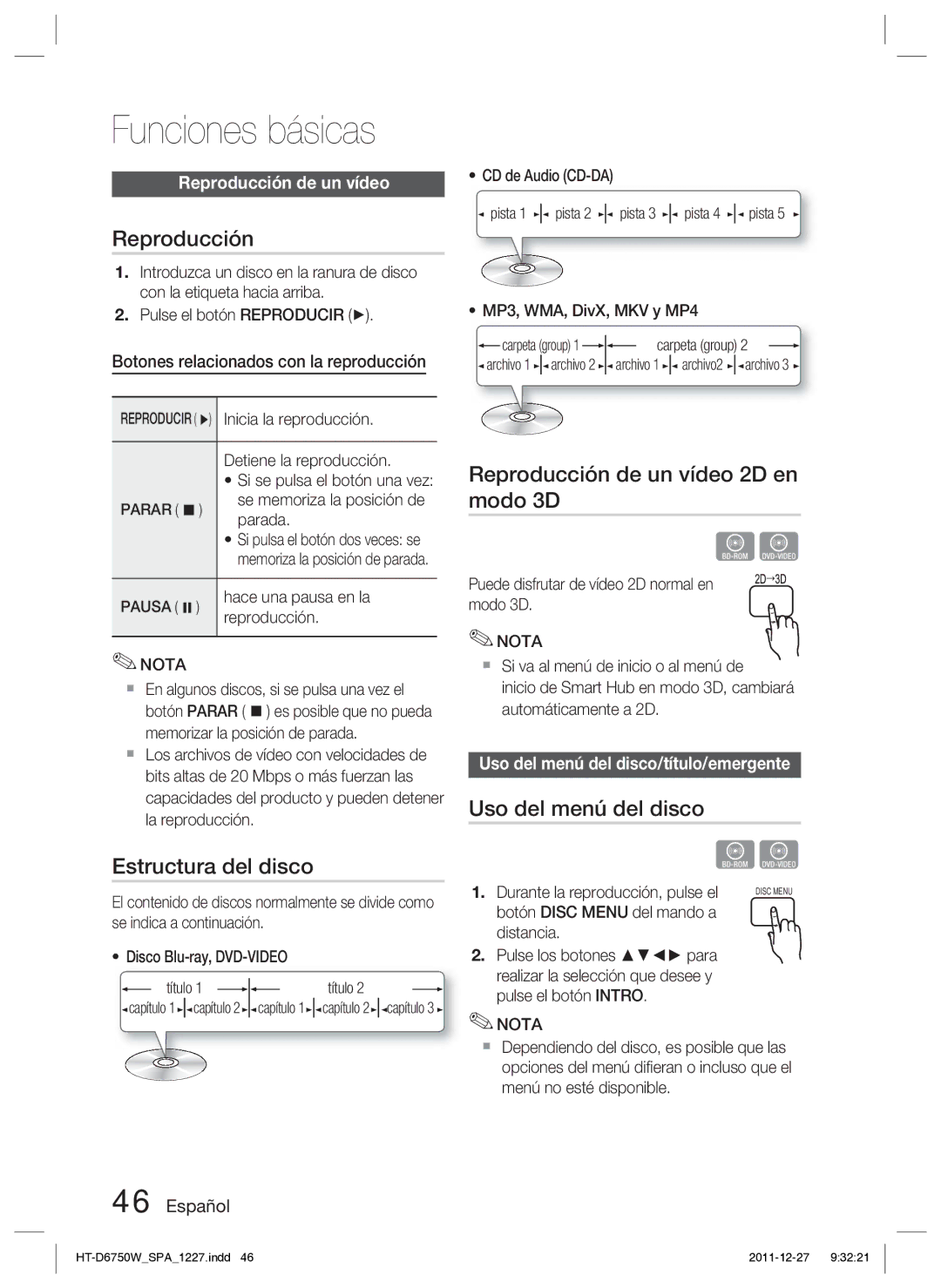 Samsung HT-D6750W/ZF manual Funciones básicas, Estructura del disco, Reproducción de un vídeo 2D en modo 3D 