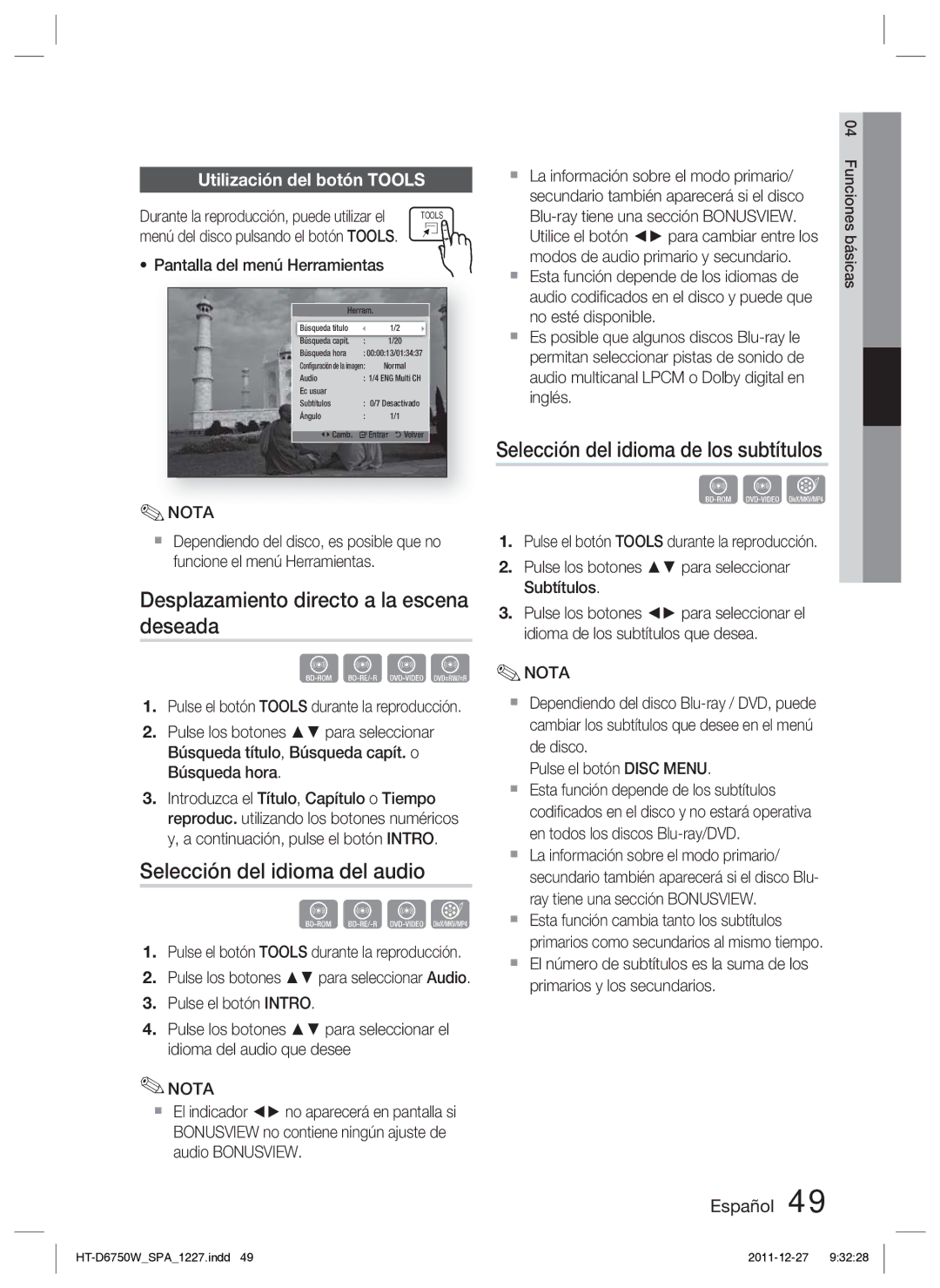 Samsung HT-D6750W/ZF manual Desplazamiento directo a la escena deseada, Selección del idioma del audio 