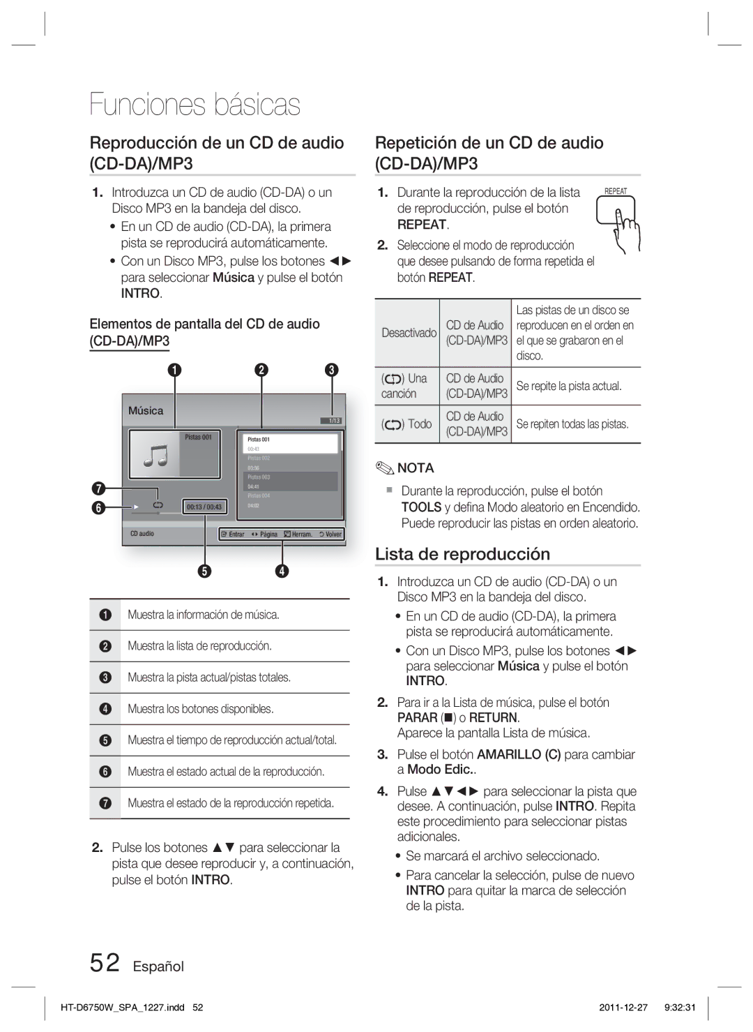 Samsung HT-D6750W/ZF manual Reproducción de un CD de audio CD-DA/MP3, Repetición de un CD de audio CD-DA/MP3 