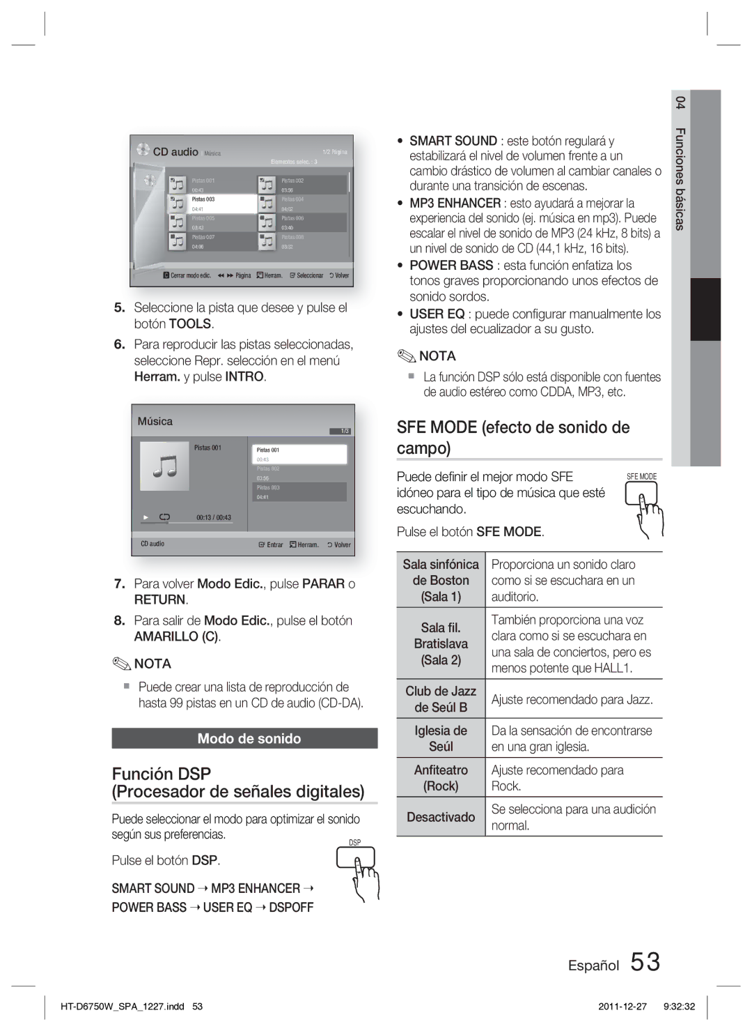 Samsung HT-D6750W/ZF manual SFE Mode efecto de sonido de campo, Función DSP Procesador de señales digitales, Modo de sonido 