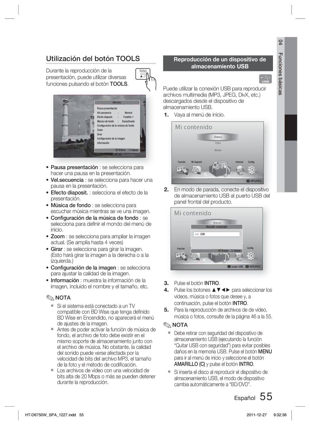 Samsung HT-D6750W/ZF manual Utilización del botón Tools, Reproducción de un dispositivo de, Almacenamiento USB 