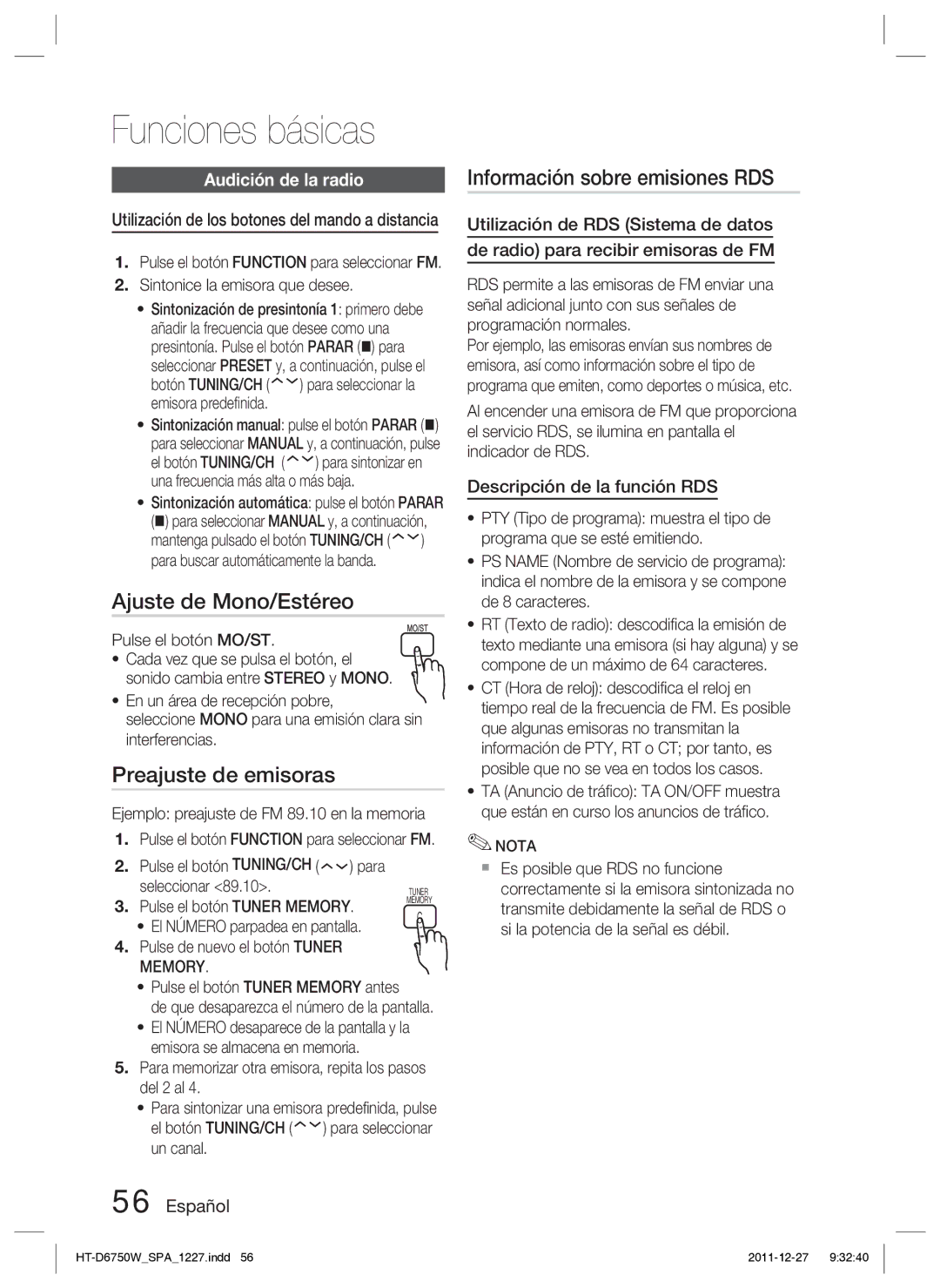 Samsung HT-D6750W/ZF Ajuste de Mono/Estéreo, Preajuste de emisoras, Información sobre emisiones RDS, Audición de la radio 