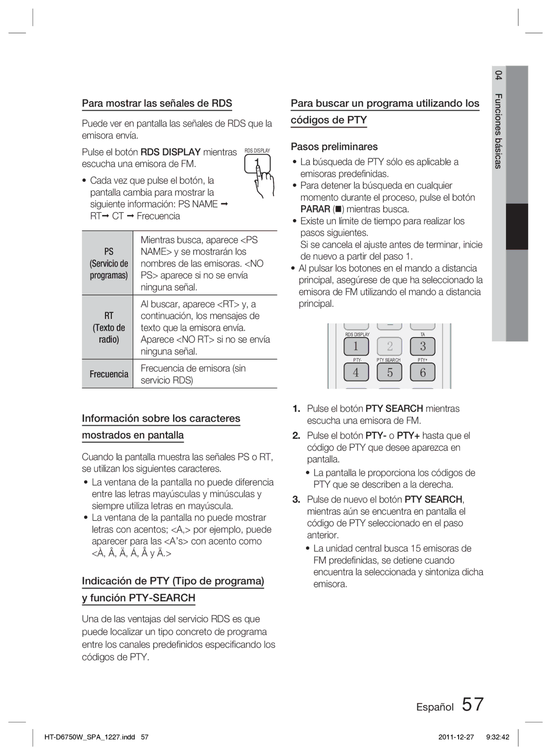 Samsung HT-D6750W/ZF manual Para mostrar las señales de RDS, Información sobre los caracteres Mostrados en pantalla 