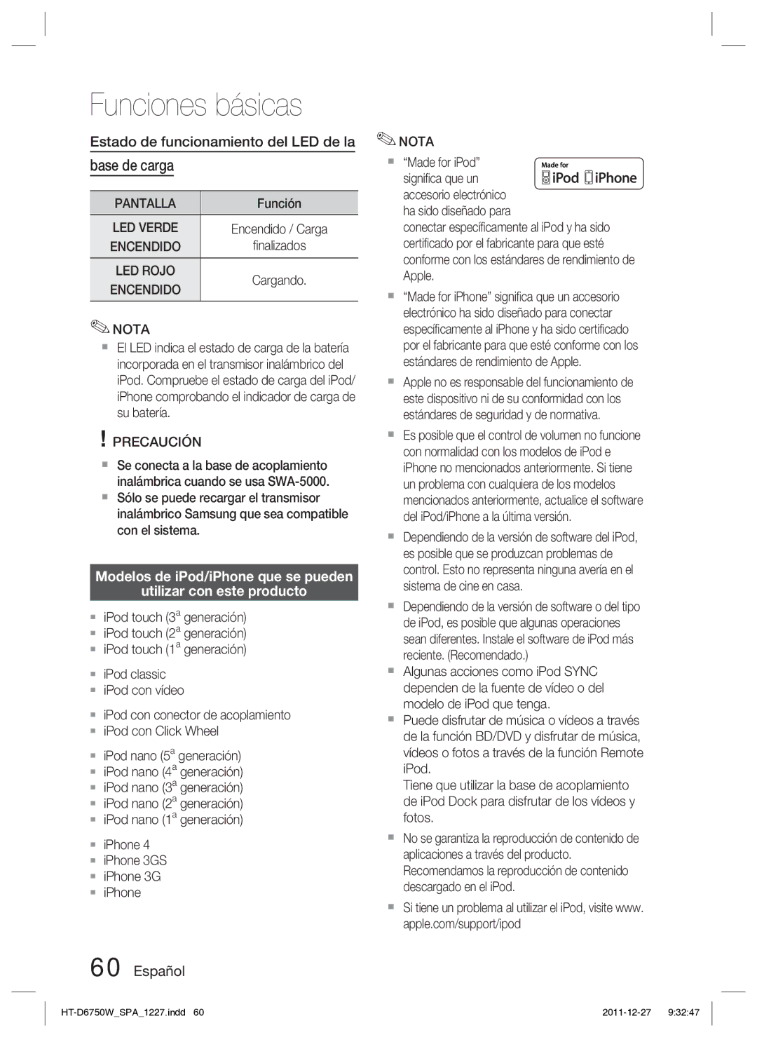 Samsung HT-D6750W/ZF manual Base de carga, Estado de funcionamiento del LED de la, Encendido, LED Rojo 