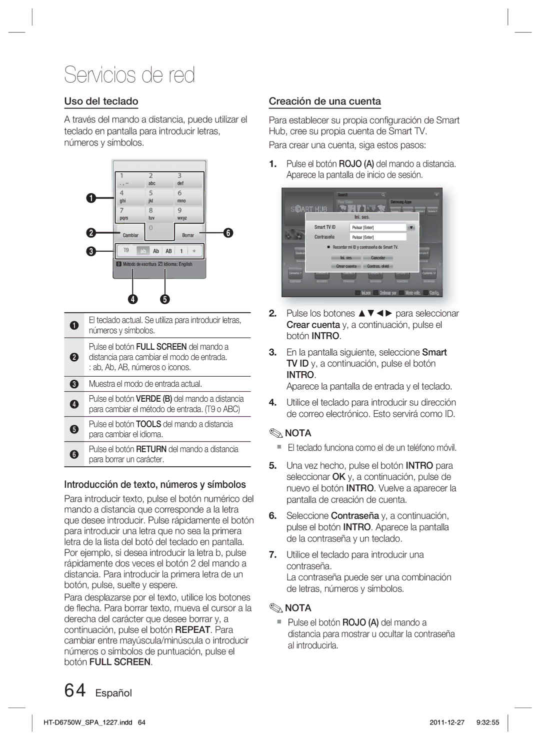 Samsung HT-D6750W/ZF manual Uso del teclado, Introducción de texto, números y símbolos, Español Creación de una cuenta 