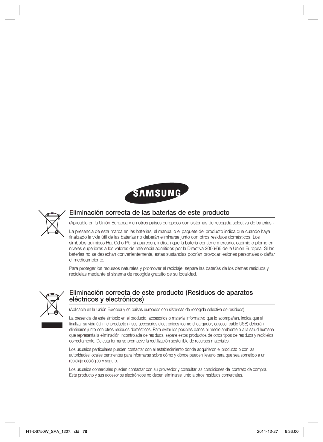 Samsung HT-D6750W/ZF manual Eliminación correcta de las baterías de este producto 