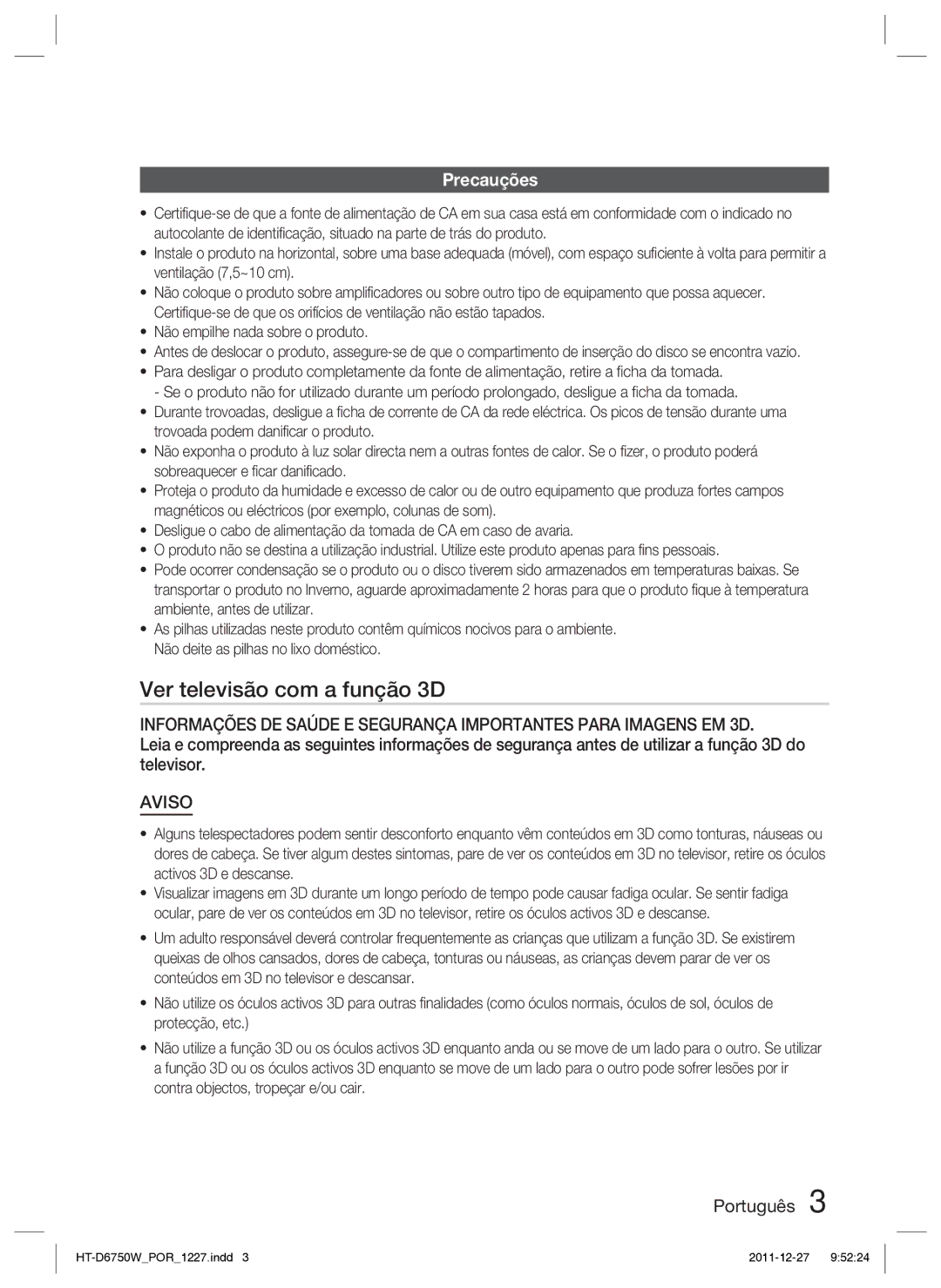 Samsung HT-D6750W/ZF manual Ver televisão com a função 3D, Precauções 