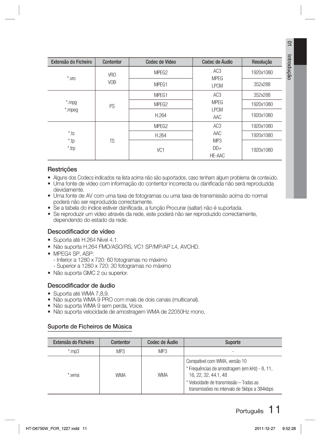 Samsung HT-D6750W/ZF manual Restrições, Descodiﬁcador de áudio, Suporte de Ficheiros de Música 