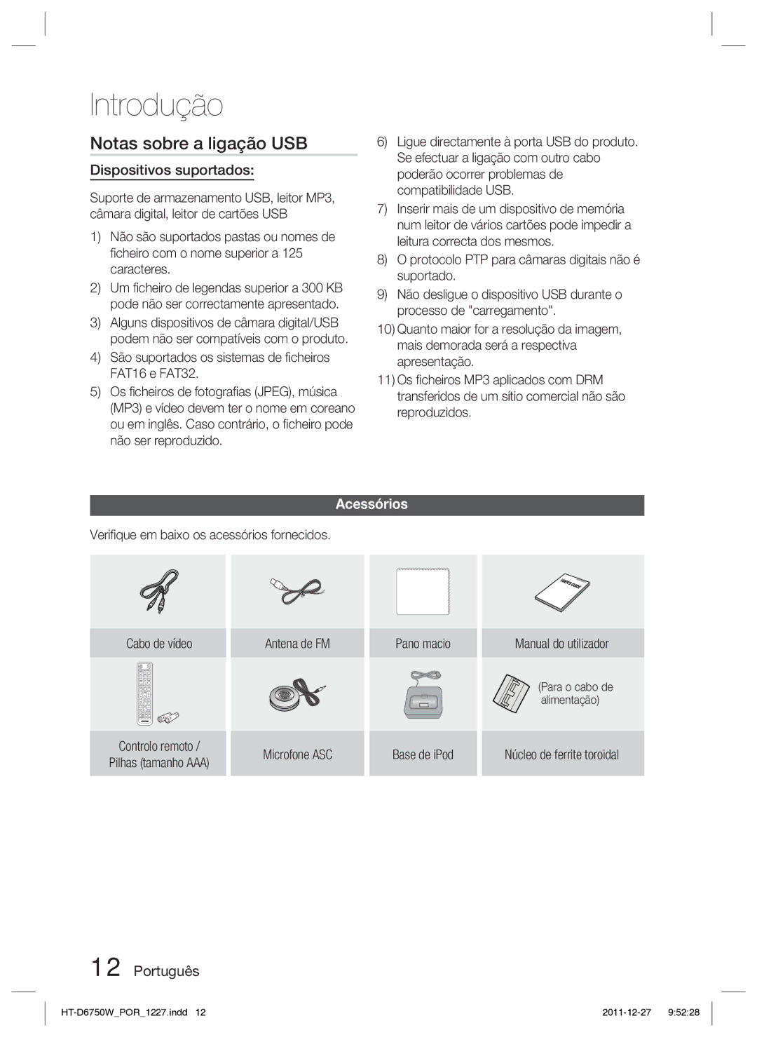 Samsung HT-D6750W/ZF manual Notas sobre a ligação USB, Dispositivos suportados, Acessórios 